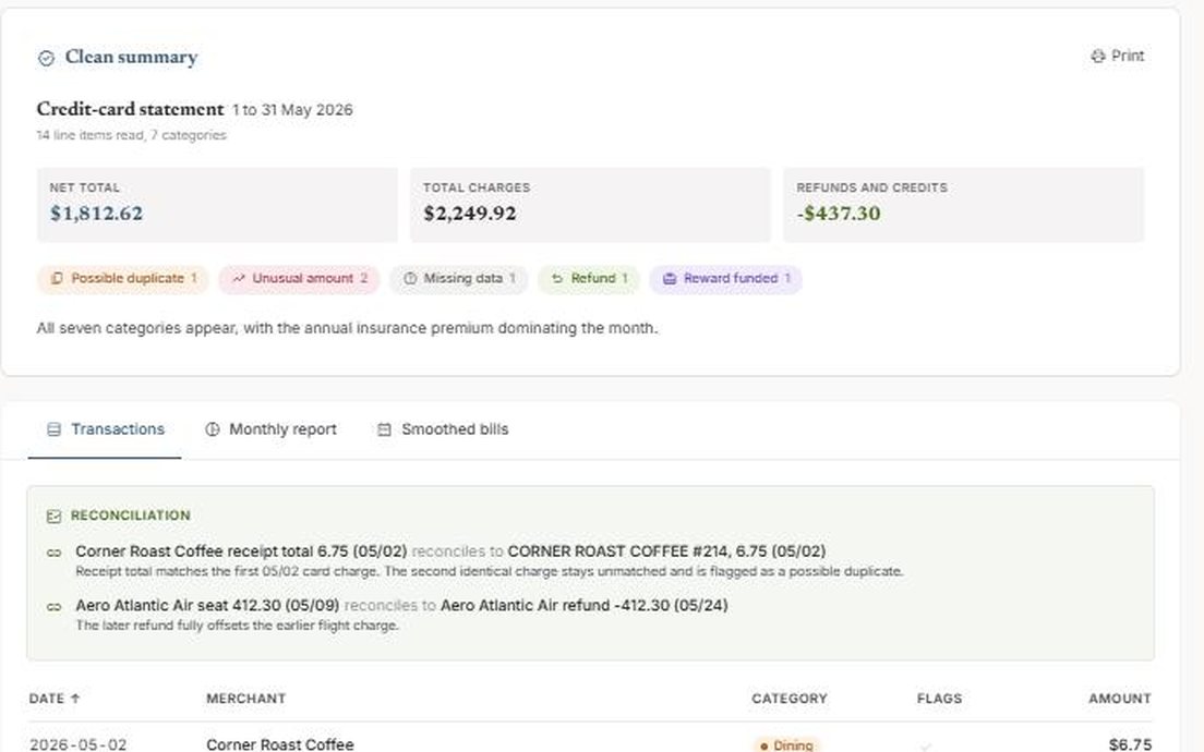 Ledger Lens showing a reconciled credit-card statement with category and duplicate flags